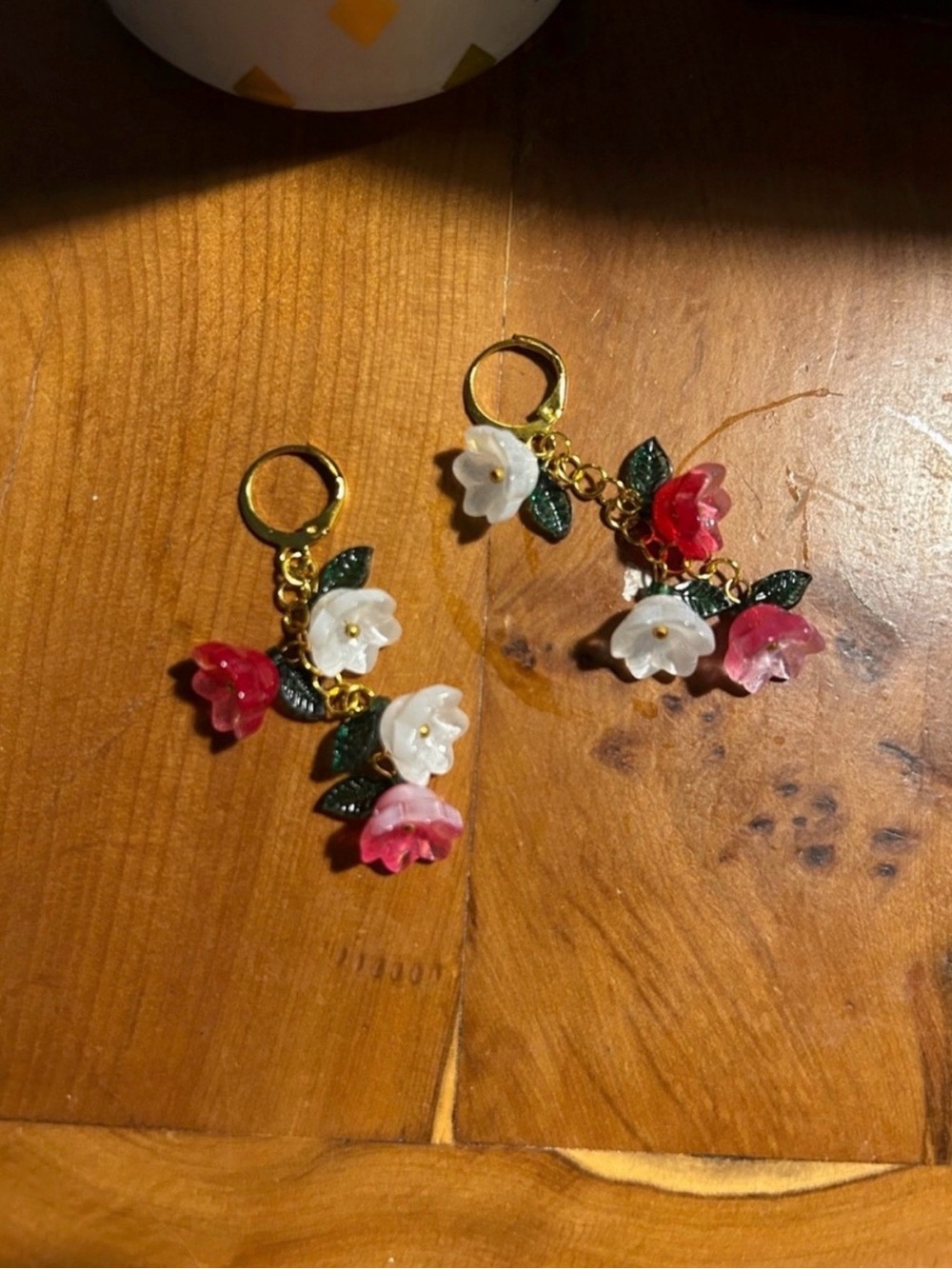 Gold Floral Drop Earrings with White and Pink Flowers - Picture 2 of 3